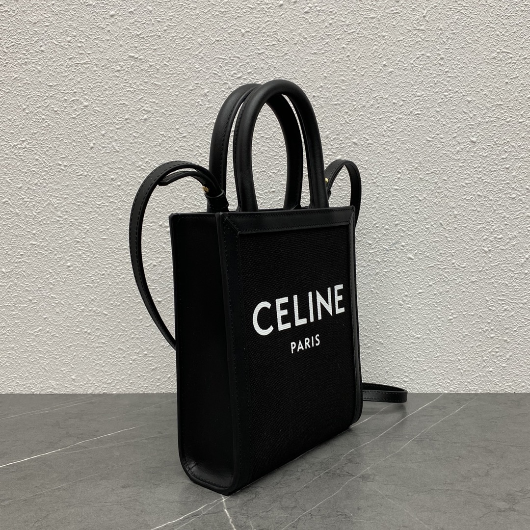 Celine Mini Vertical Cabas In Triomphe Canvas And Calfskin With Celine Print Black 193302